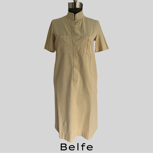 VINTAGE BELFIE SPORT LINEN TAN SAFARI SHORT SLEEVE SHIRT DRESS - SIZE SMALL - Picture 1 of 5